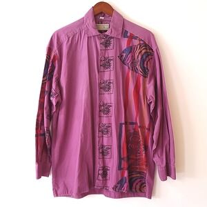 Gruppo Di Capi Mens Purple Graphic Fish Print Button Down Shirt Made in Italy S
